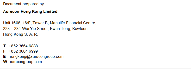 Document prepared by:
Aurecon Hong Kong Limited

Unit 1608, 16/F, Tower B, Manulife Financial Centre, 
223  231 Wai Yip Street, Kwun Tong, Kowloon 
Hong Kong S. A. R.

T
F
E
W
+852 3664 6888
+852 3664 6999
hongkong@aurecongroup.com
aurecongroup.com

